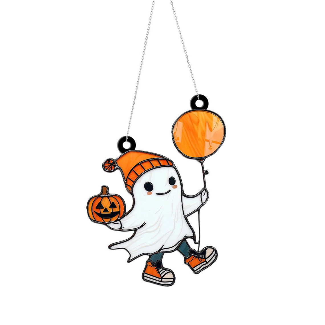 Ghost with Balloons and Pumpkins Halloween Suncatcher, Ghost Hanging Ornament Gift