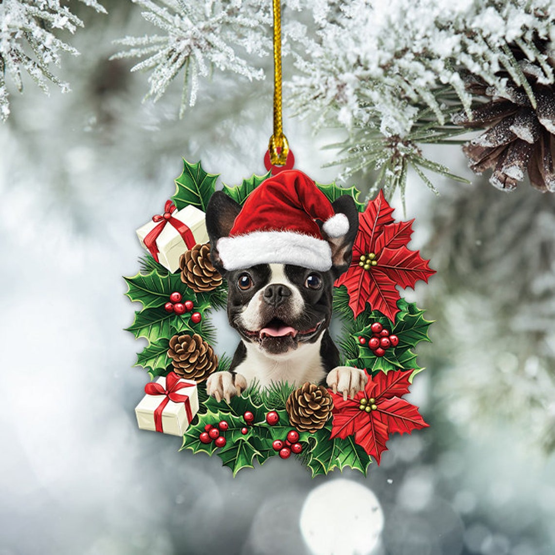 Boston Terrier Dog Hanging Christmas Wreath Ornament, Boston Terrier Dog Christmas Ornament Decor