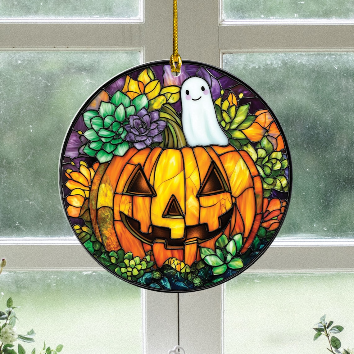 Pumpkin with Succulents Halloween Suncatcher, Cute Ghost Window Hanging Decor