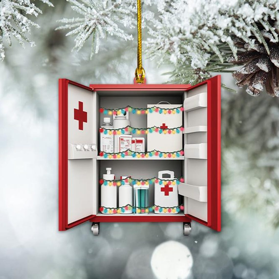 First Aid Cabinet Christmas Tree Ornament Decor, First Aid Kit Christmas Light Ornament Decor