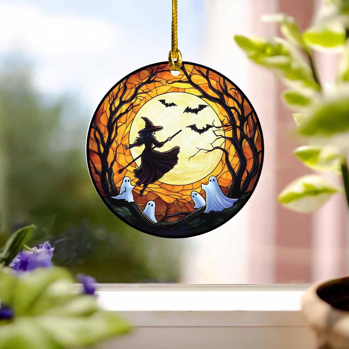 Witch Riding Broomstick Suncatcher Ornament, Halloween Witch Riding Broomstick Home Decor