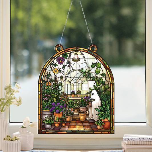 Cute Ghost At Greenhouse Suncatcher, Ghost Greenhouse Hanging Home Decor