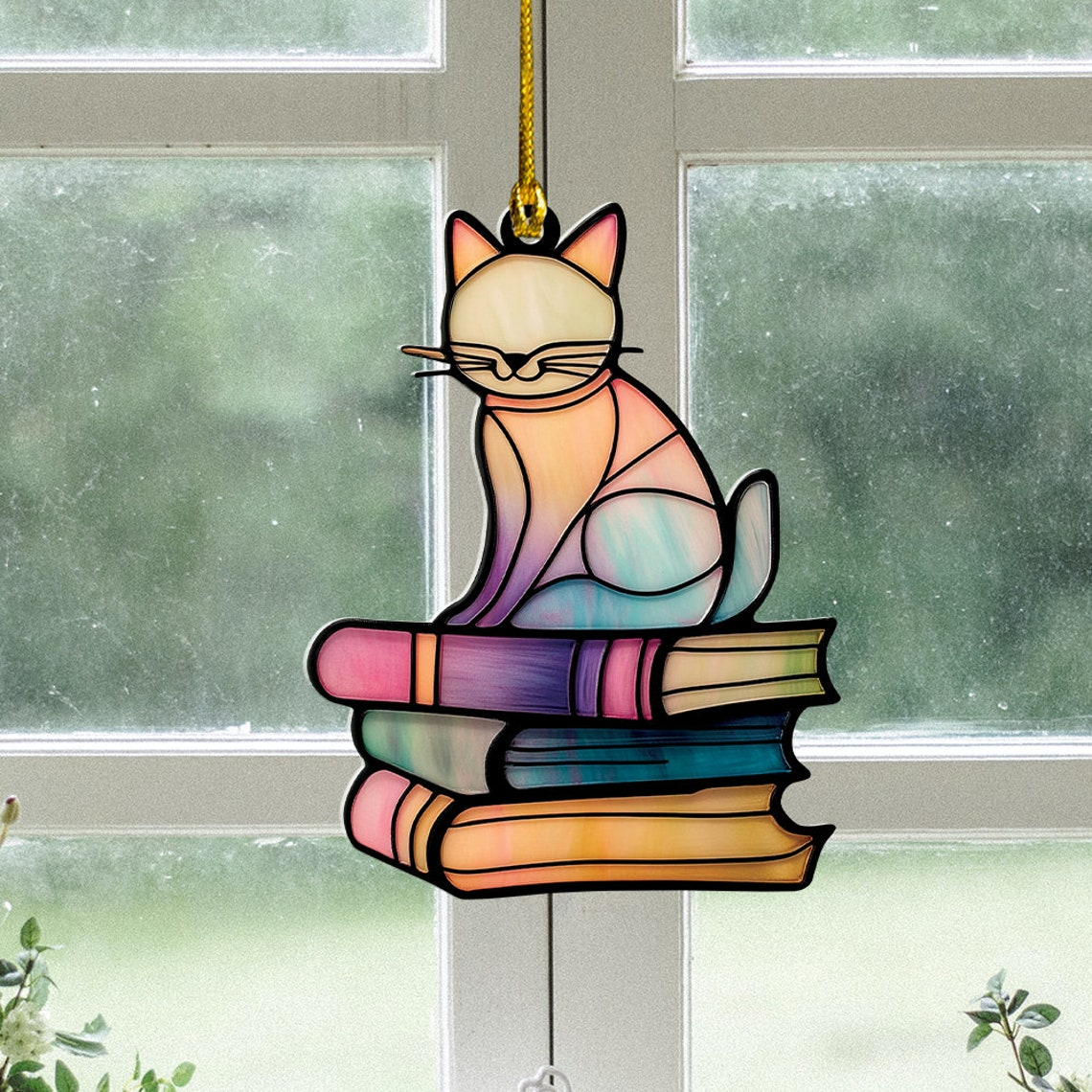 Cat Sitting on Books Suncatcher Ornament, Cat Sitting on Books Hanging Window Decor