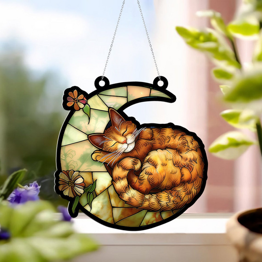 Cat Lying on the Moon Memorial Suncatcher, Cat Memorial Hanging Window Suncatcher Decor