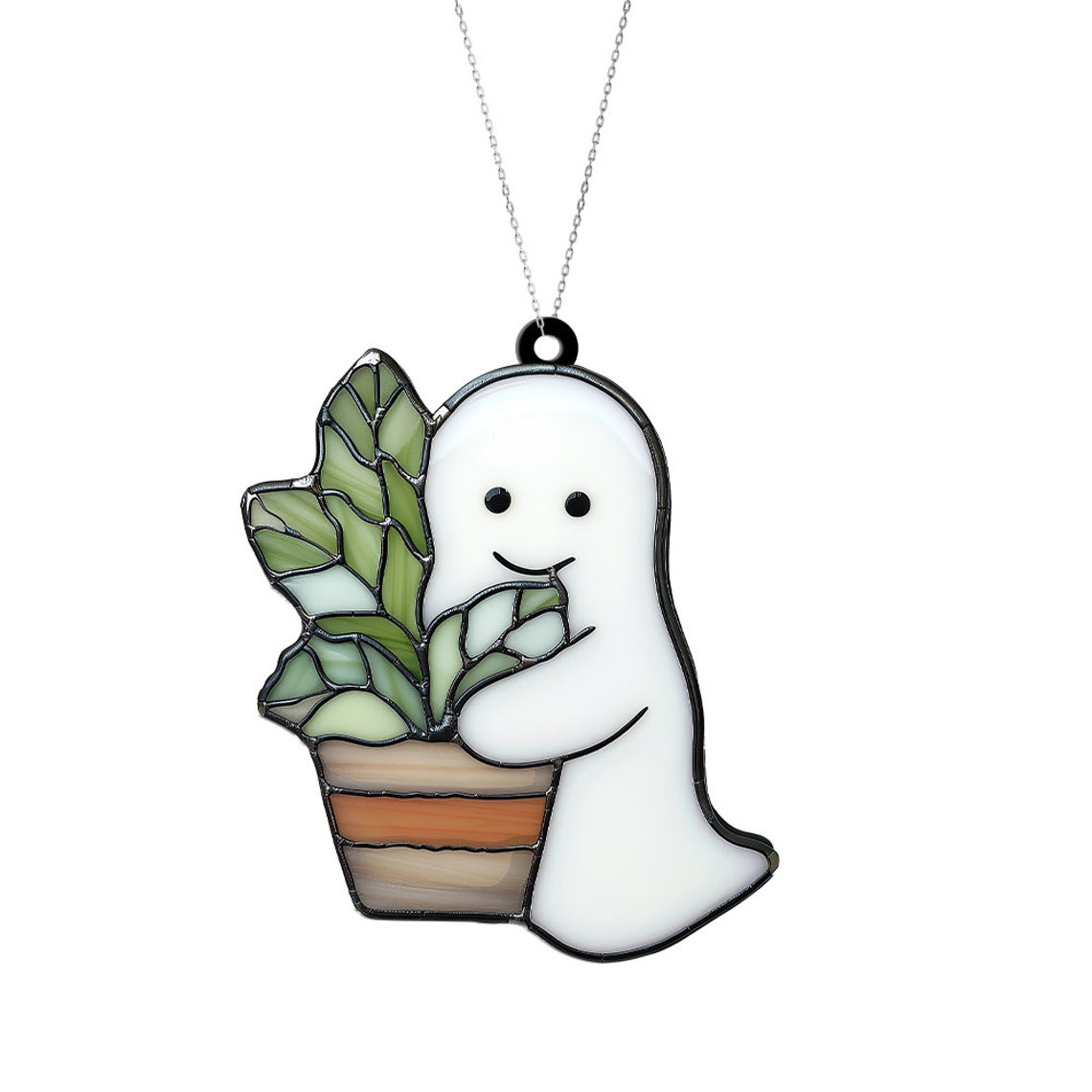 Ghost Plant Window Suncatcher Ornament, Halloween Ghost Planter Ornament