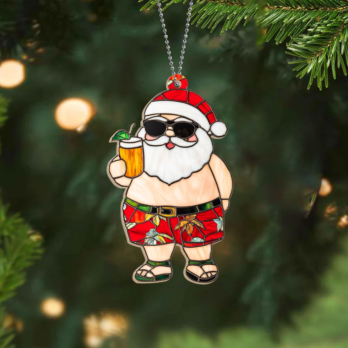 Hawaii Santa Dinking Hanging Christmas Suncatcher, Funny Santa Christmas Ornament Decor (Copy)