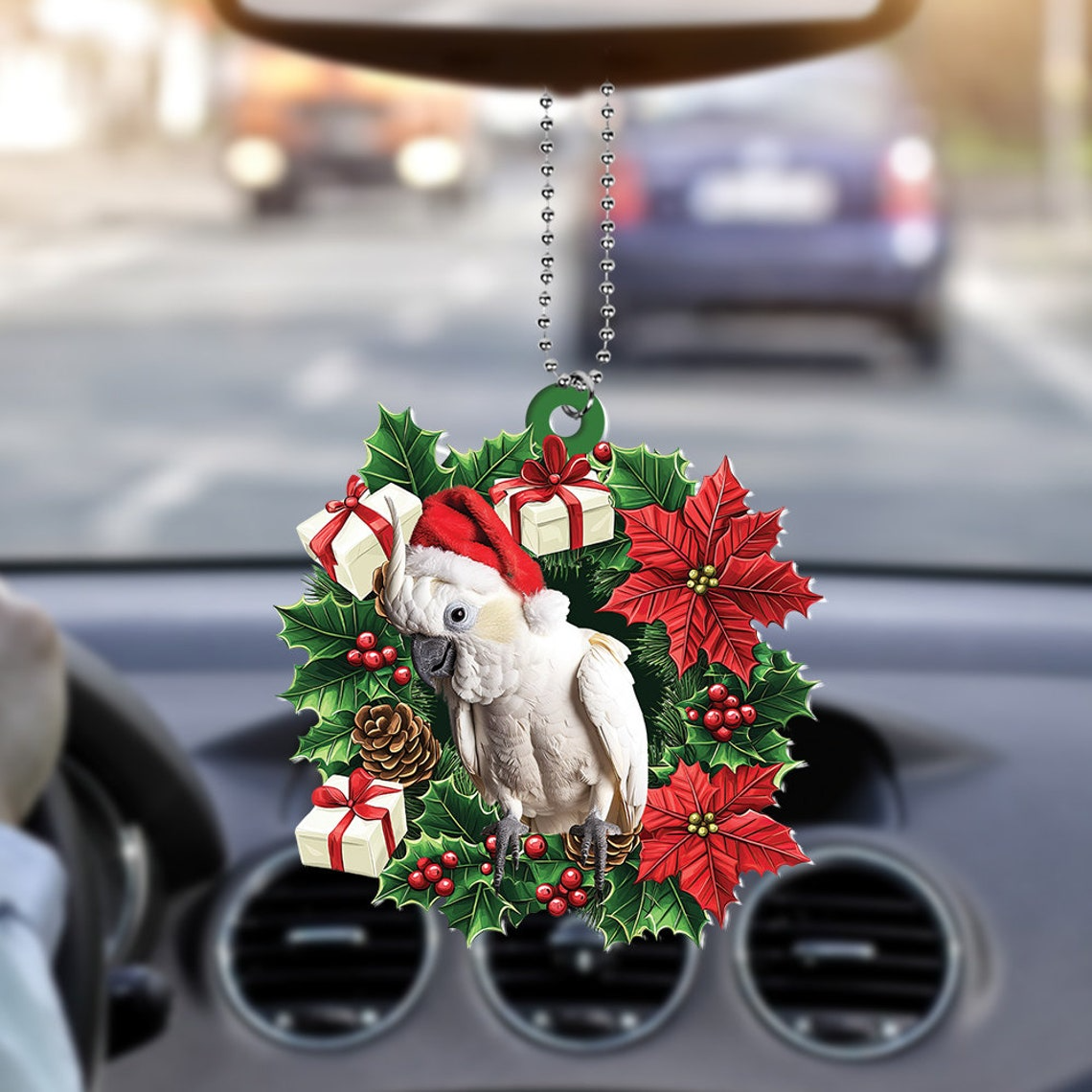 Cockatoo Christmas Wreath Ornament, Cockatoo Cocoon Rearview Mirror Car Ornament Decor Holiday