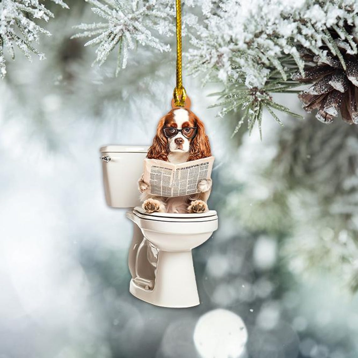 Cavalier King Charles Spaniel Dog Sitting On Toilet Ornament, Cute Dog Reading Newspaper Christmas Ornament