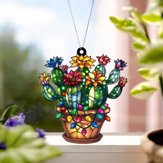 Cactus Pot Christmas Suncatcher, Cactus Flowers Window Suncatcher Ornament