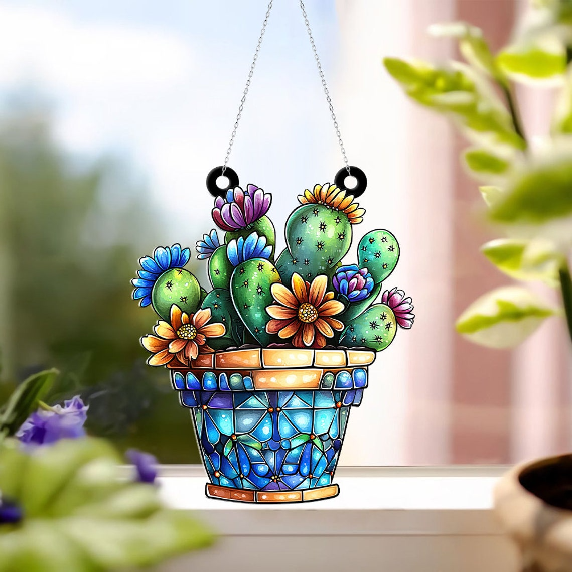 Cactus Pot Suncatcher Ornament, Cactus Sun Light Catcher Home Decor