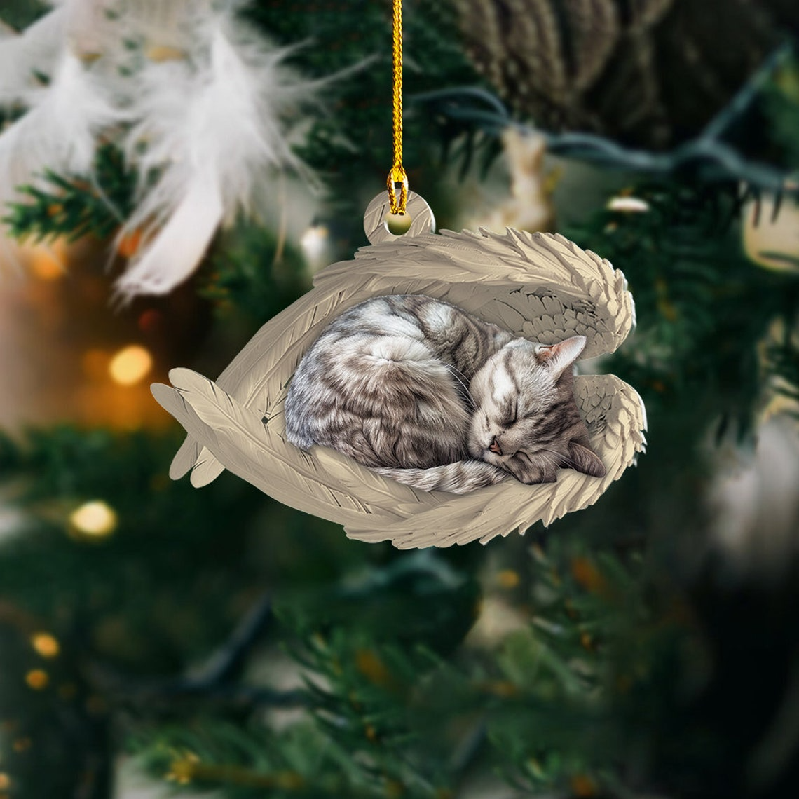 American Shorthair Cat Sleeping Angel Wings Ornament, Shorthair Cat Hanging Christmas Ornament Gift