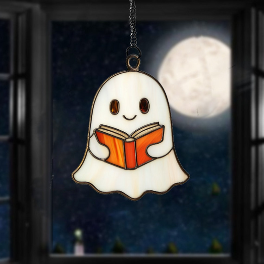 Cute Ghost Read Book Classic Suncatcher, Ghost Reading Book Stained Glass