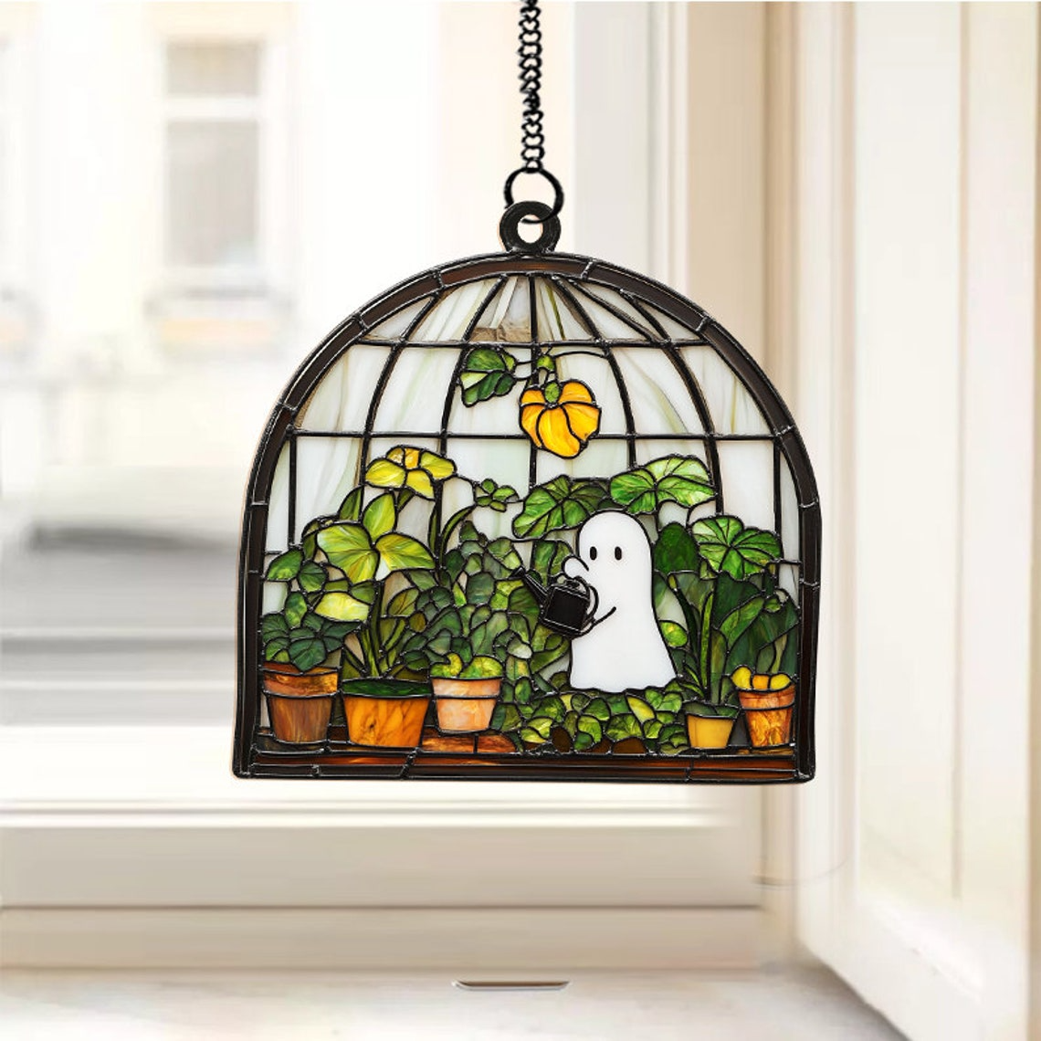 Ghost at Greenhouse Take Care of Trees Suncatcher, Cute Ghost Hanging Ornament