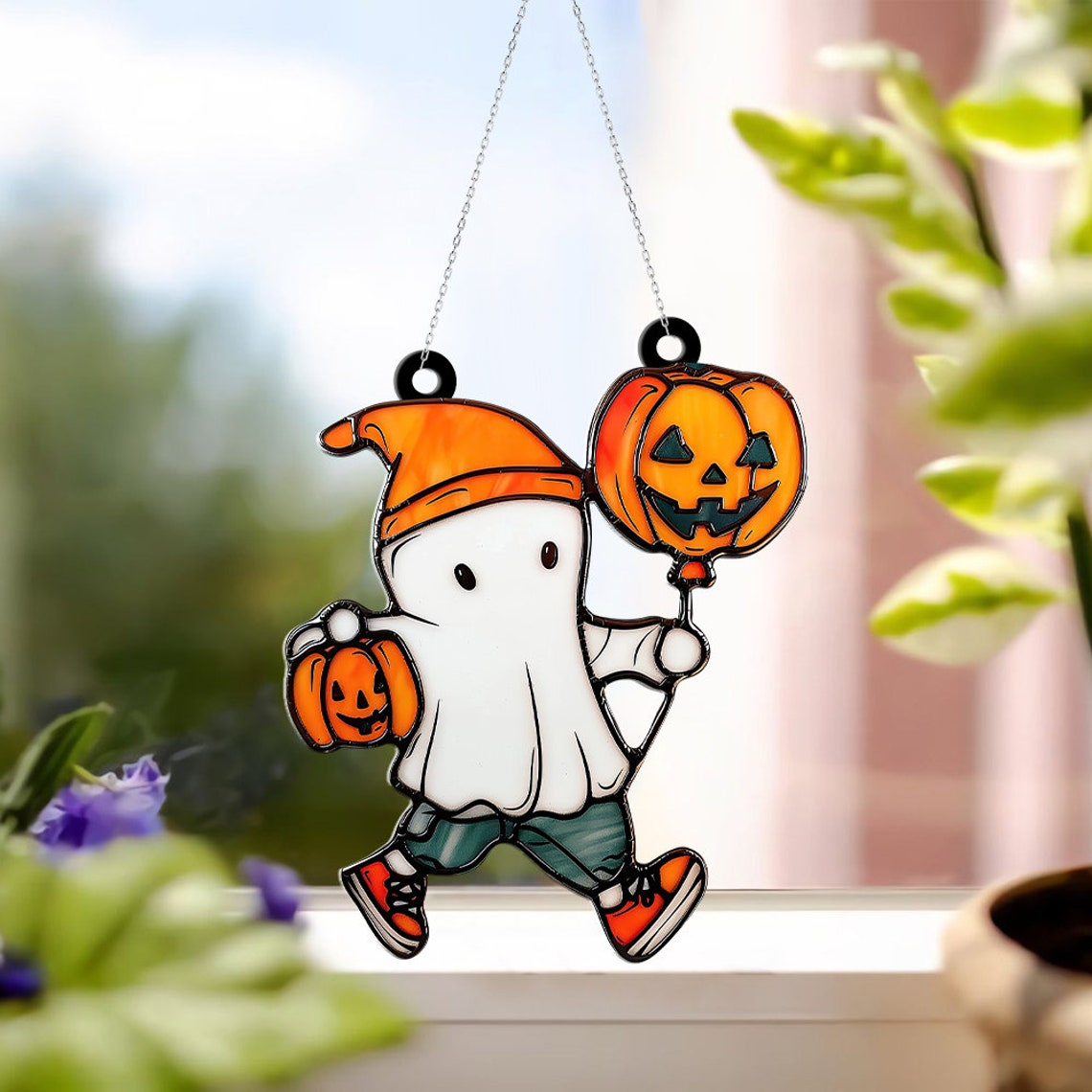 Ghost Boy with Pumpkins Window Suncatcher, Halloween Ghost Hanging Ornament