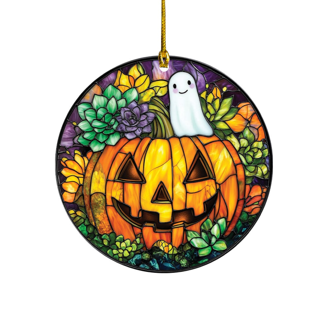 Pumpkin with Succulents Halloween Suncatcher, Cute Ghost Window Hanging Decor