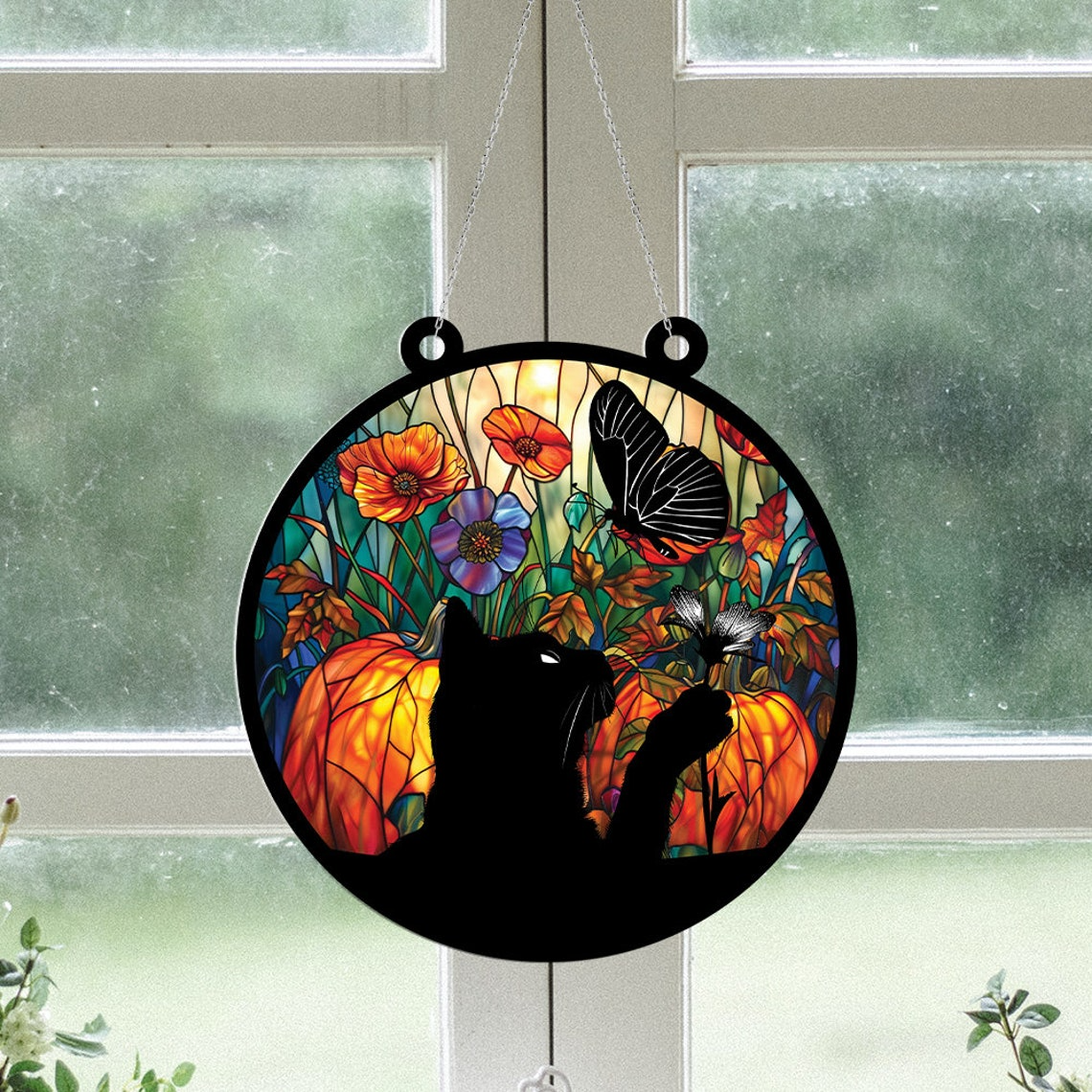 Cat with Butterflies and Pumpkin Suncatcher, Black Cat with Butterflies Window Hanging Decor