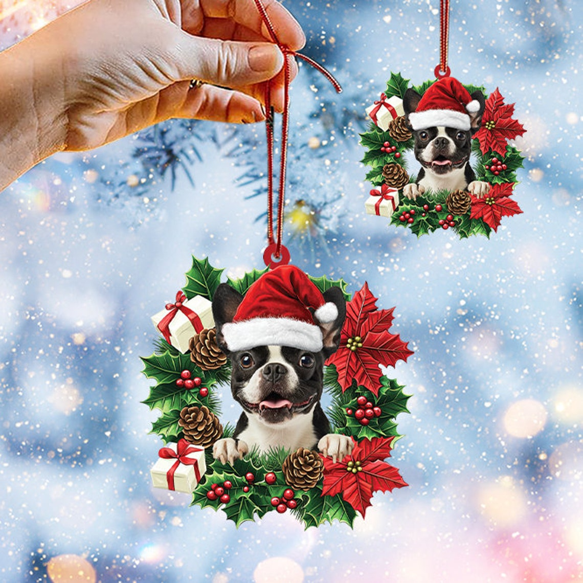 Boston Terrier Dog Hanging Christmas Wreath Ornament, Boston Terrier Dog Christmas Ornament Decor