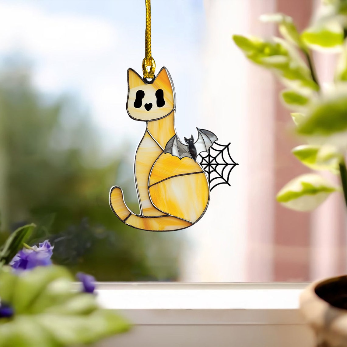 Cat Ghost Halloween Suncatcher Ornament, Halloween Cat Ghost Window Decor Ornament