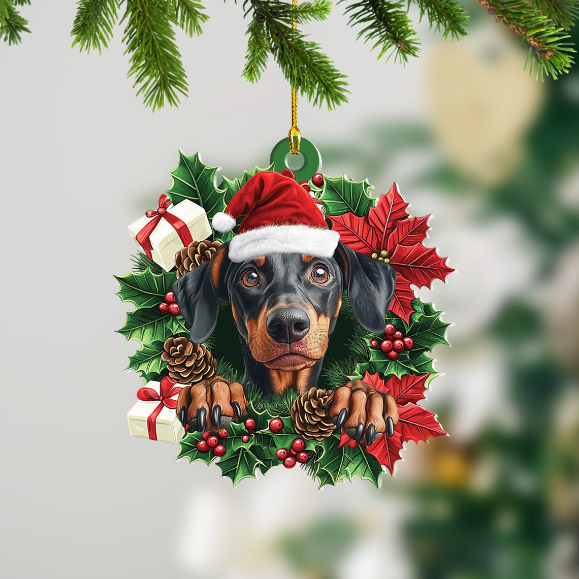 Doberman Pinscher Dog Christmas Wreath Ornament, Dobermann Dog Car Hanging Christmas Ornament