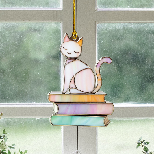 Cat Girly Sitting on Books Suncatcher Ornament, Cat Sitting on Books Hanging Window Decor