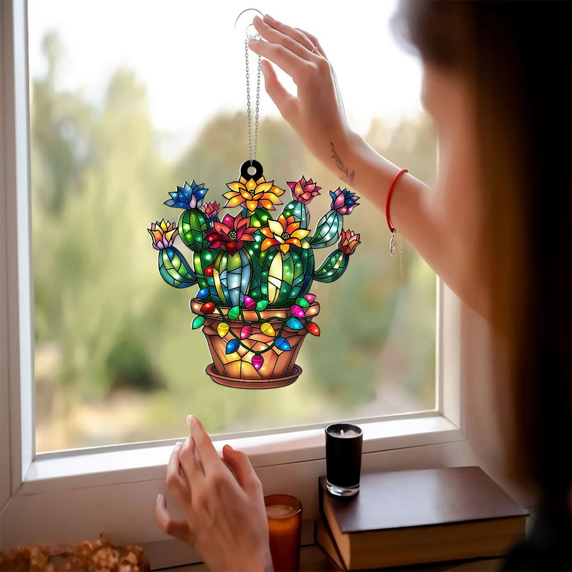 Cactus Pot Christmas Suncatcher, Cactus Flowers Window Suncatcher Ornament