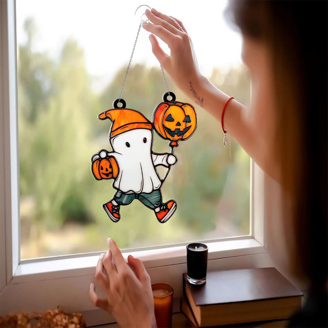 Ghost Boy with Pumpkins Window Suncatcher, Halloween Ghost Hanging Ornament