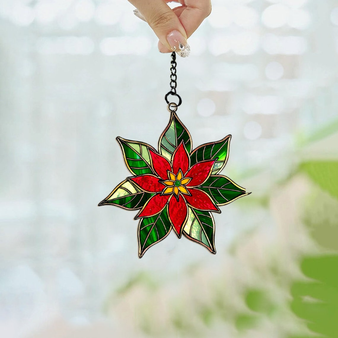 Poinsettia Suncatcher Ornament, Poinsettia Christmas Window Suncatcher