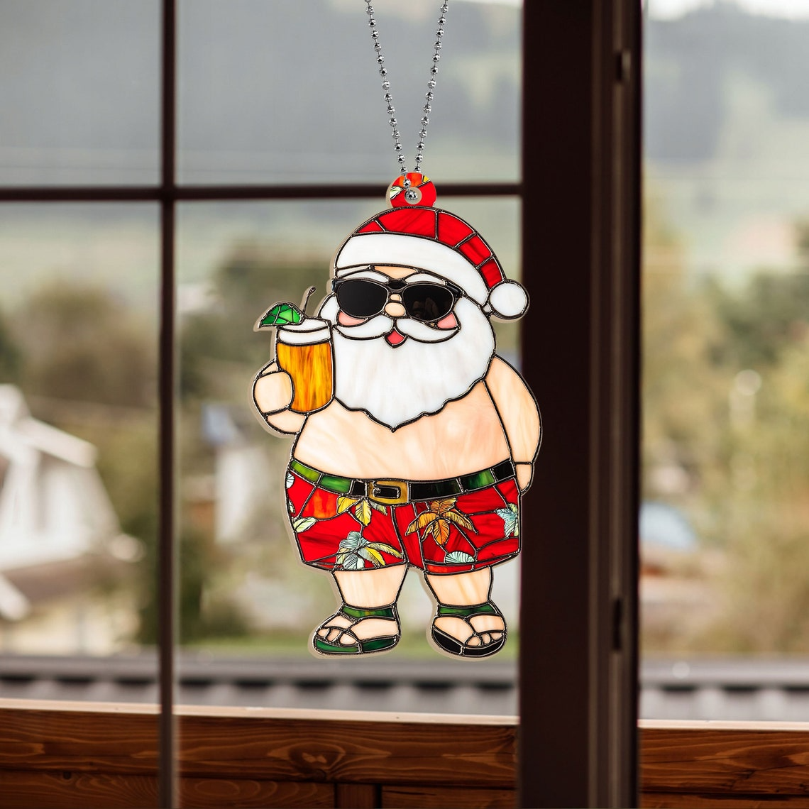 Hawaii Santa Dinking Hanging Christmas Suncatcher, Funny Santa Christmas Ornament Decor (Copy)