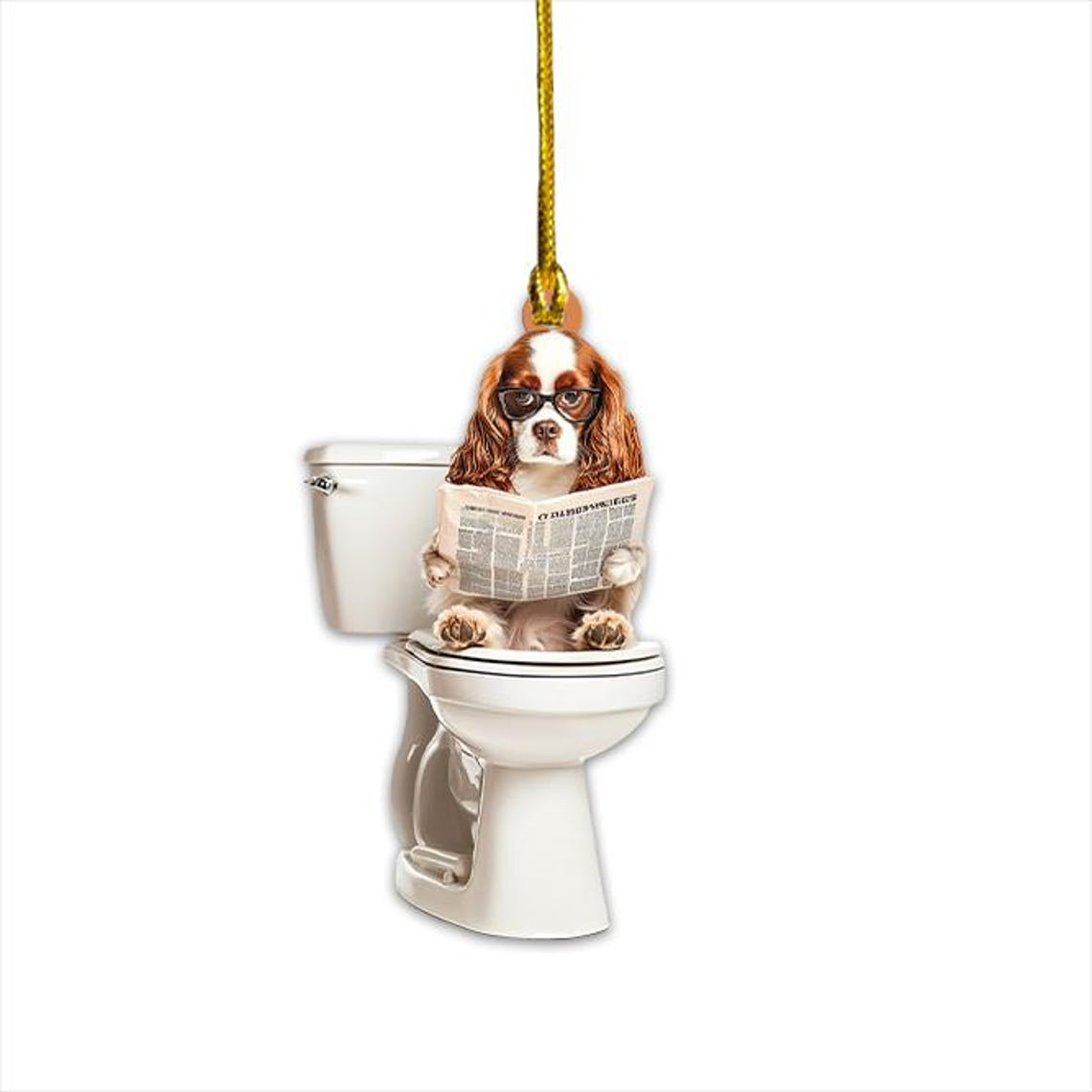 Cavalier King Charles Spaniel Dog Sitting On Toilet Ornament, Cute Dog Reading Newspaper Christmas Ornament