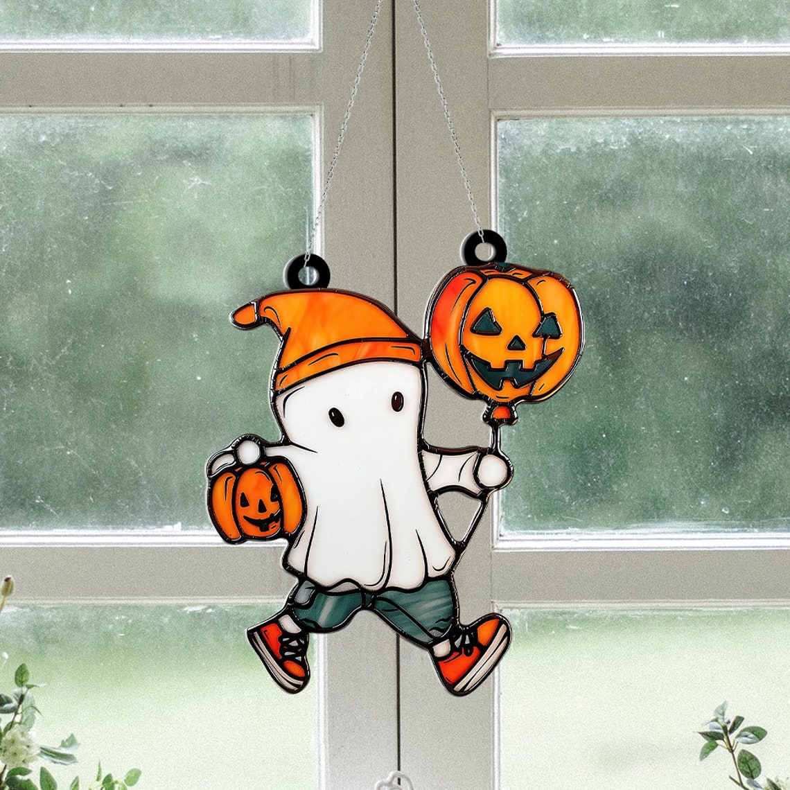 Ghost Boy with Pumpkins Window Suncatcher, Halloween Ghost Hanging Ornament