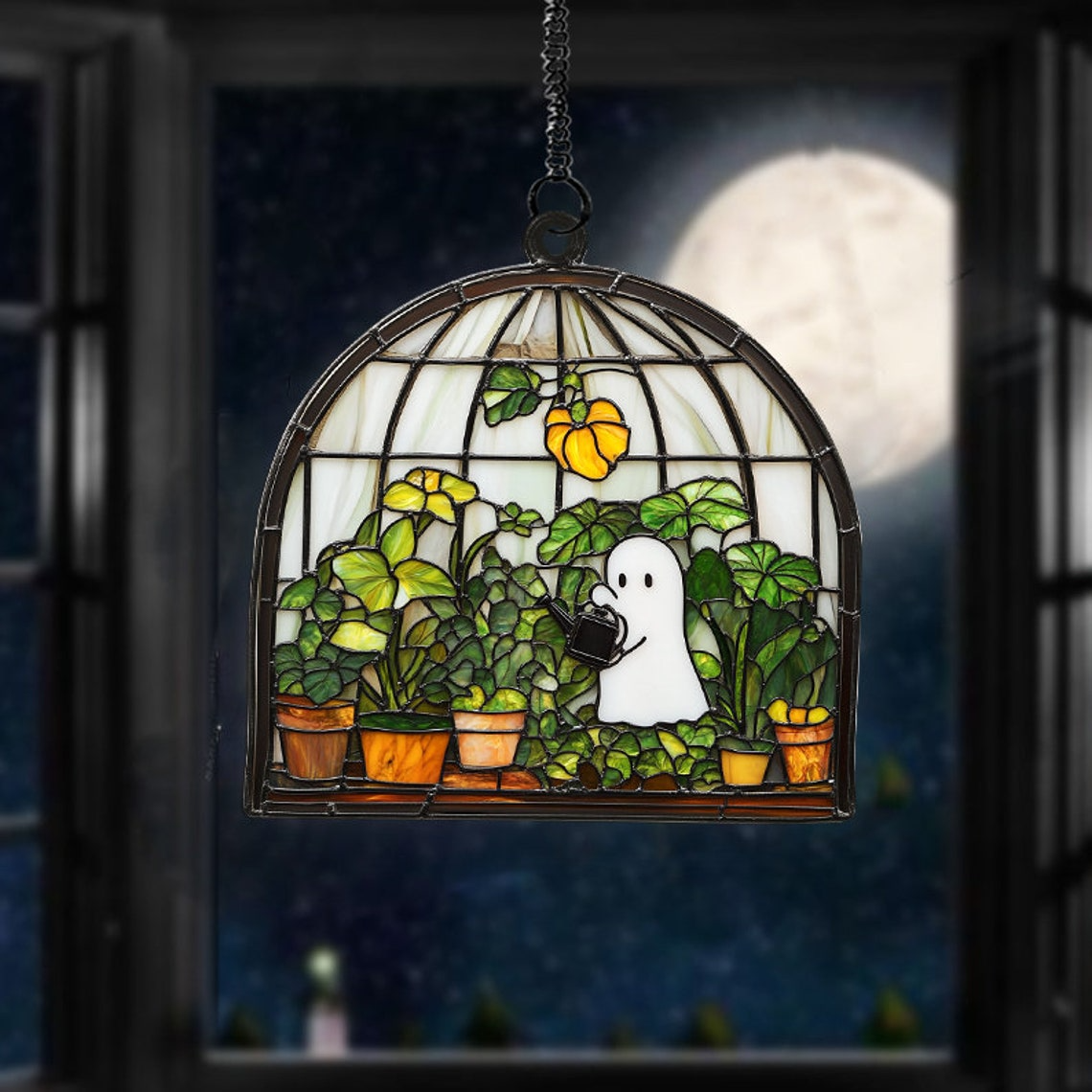 Ghost at Greenhouse Take Care of Trees Suncatcher, Cute Ghost Hanging Ornament