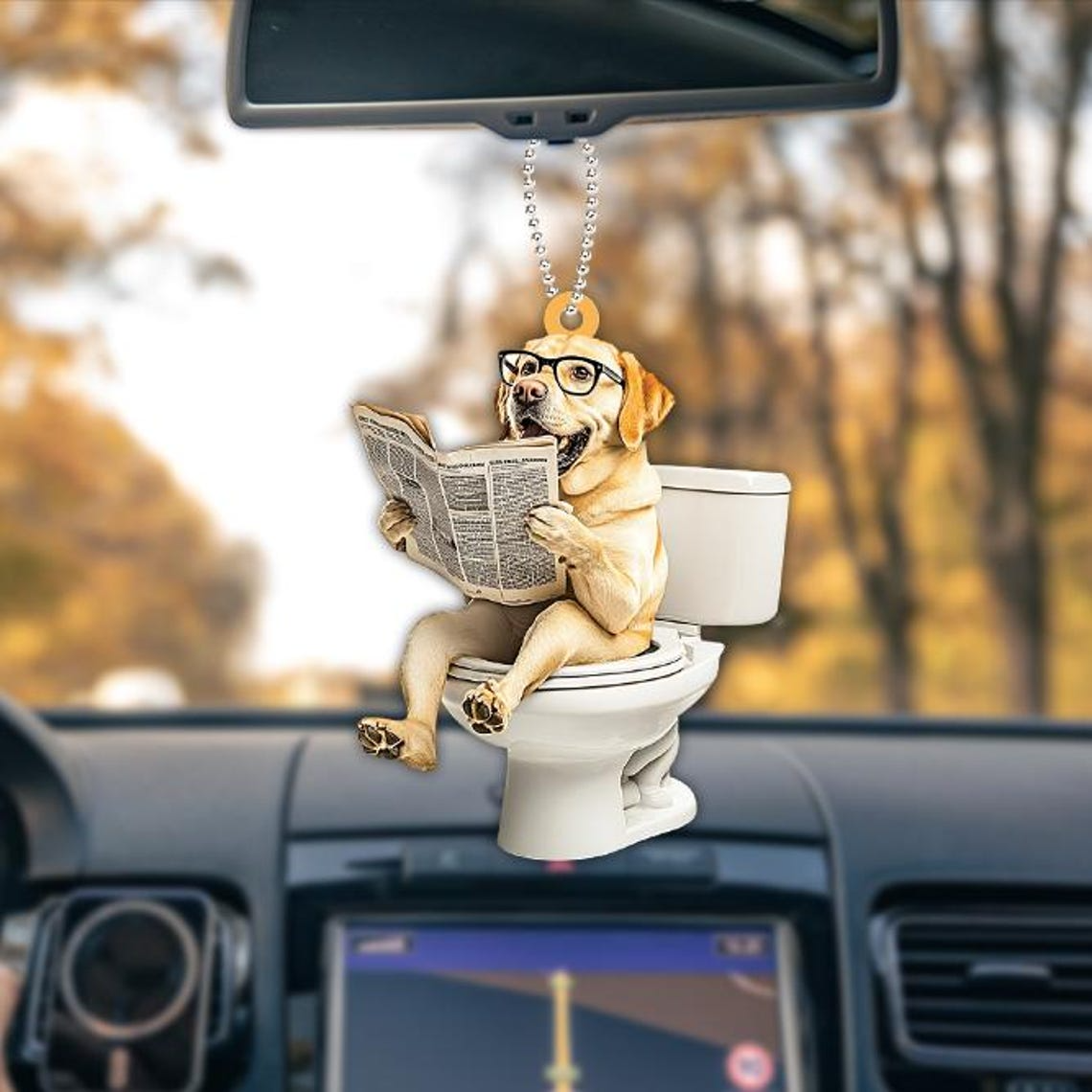 Golden Retriever Dog Sitting On Toilet Ornament, Christmas Dog Reading Newspaper Ornament