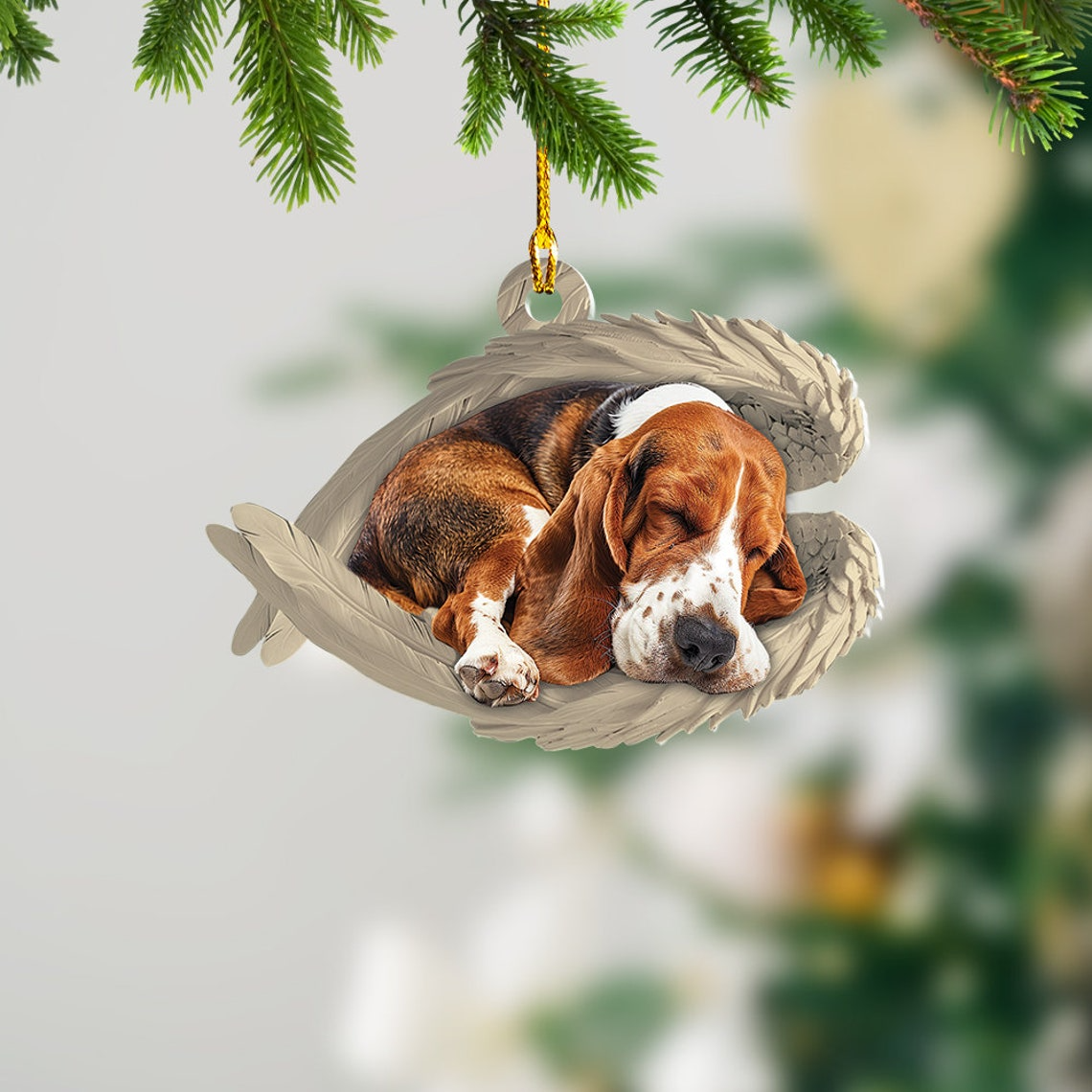 Basset Hound Dog Sleeping Angel Wings Ornament, Basset Hound Dog Christmas Ornament