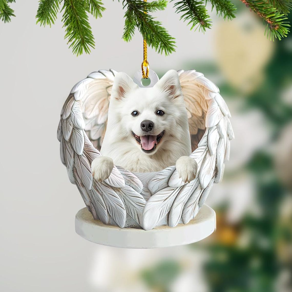 Christmas American Eskimo Dog Angel Wings Ornament, Cute White Dog Flat Hanging Decor Christmas Ornament