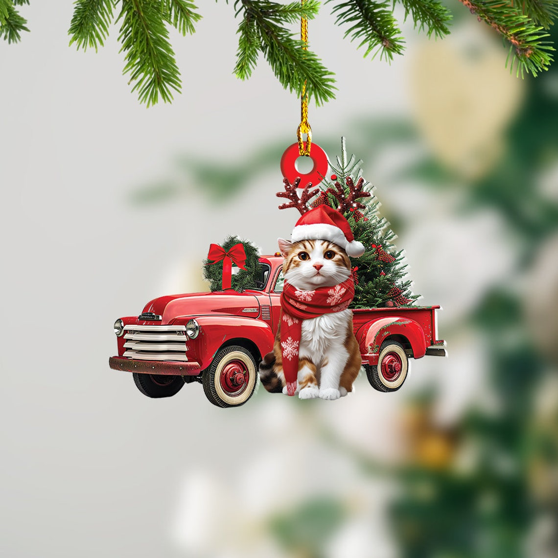 Manx Cat And Red Truck Christmas Ornament, Cute Manx Cat Car Hanging Ornament Decor Gift