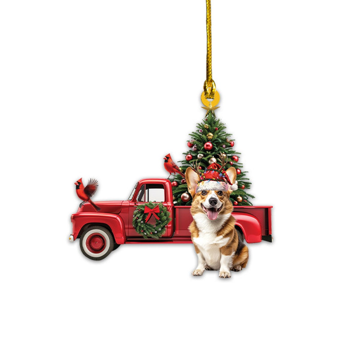 Pembroke Welsh Corgi Dog Red Truck Ornament, Cute Corgi Dog Hanging Christmas Ornament Gift