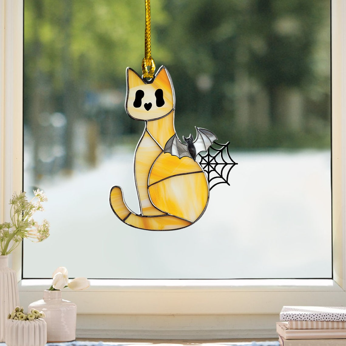 Cat Ghost Halloween Suncatcher Ornament, Halloween Cat Ghost Window Decor Ornament