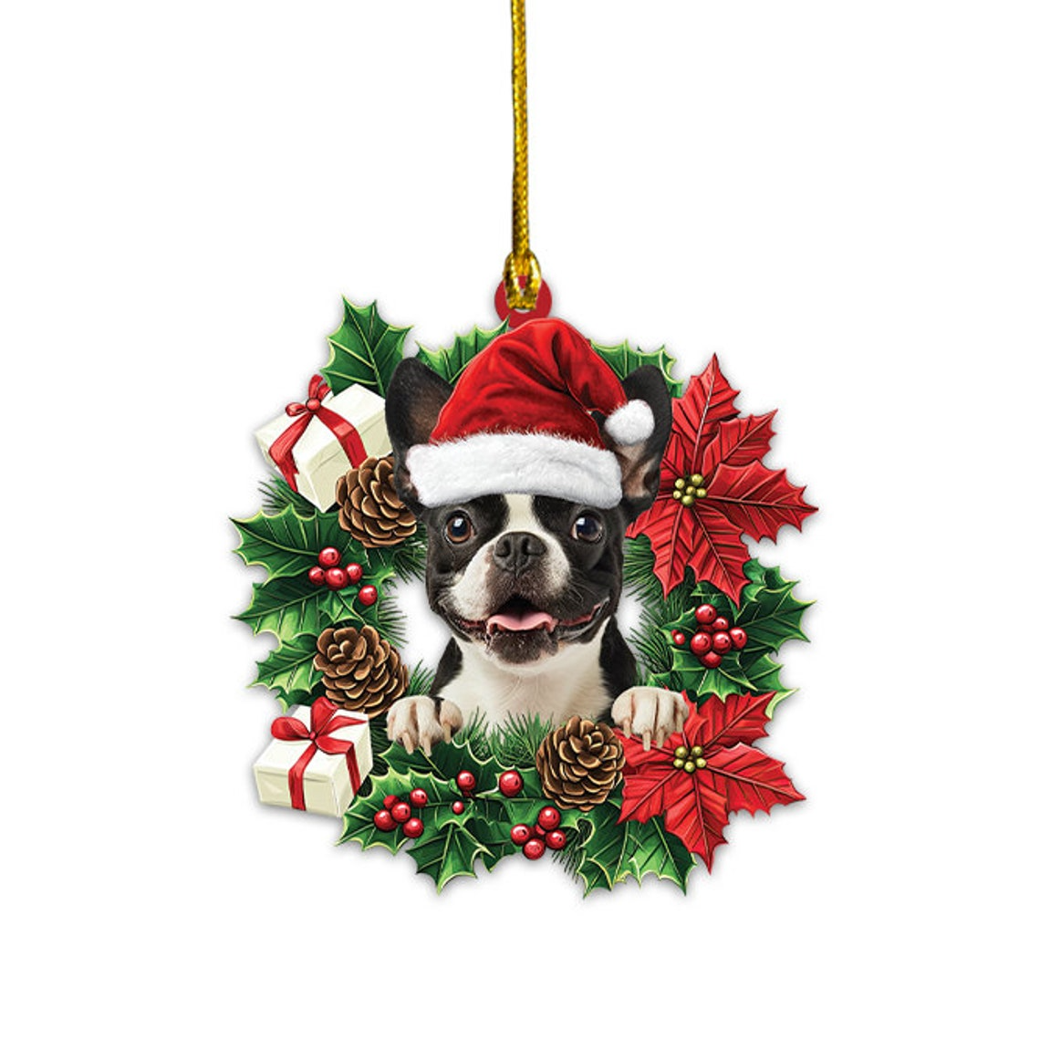 Boston Terrier Dog Hanging Christmas Wreath Ornament, Boston Terrier Dog Christmas Ornament Decor