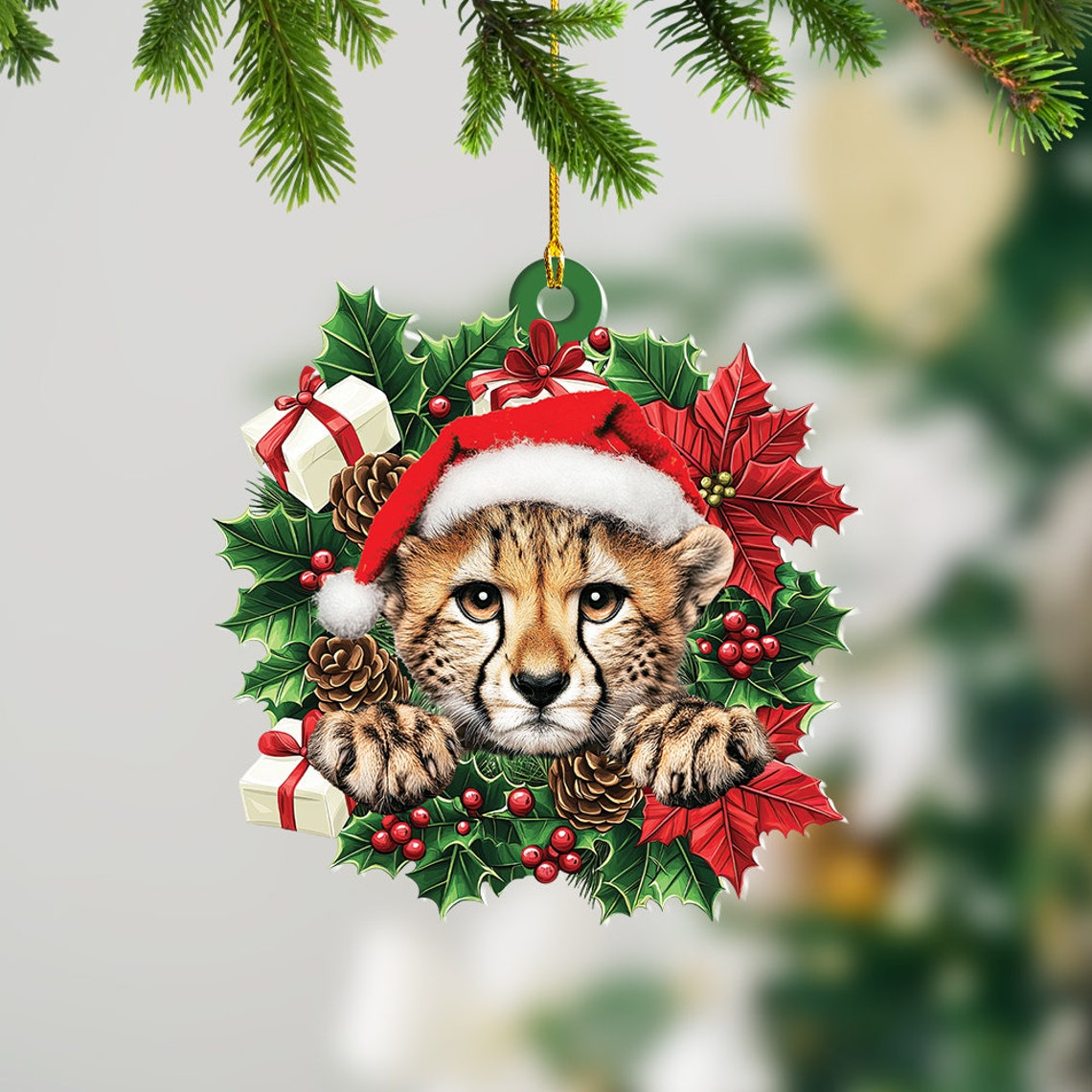 Cheetah Hanging Christmas Wreath Ornament, Unique Cheetah Rearview Mirror Car Ornament Decor