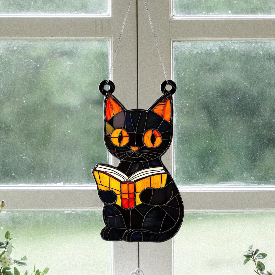 Lovely Black Cat Reading Book Hanging Suncatcher, Cute Cat Reading Book Hanging Decor