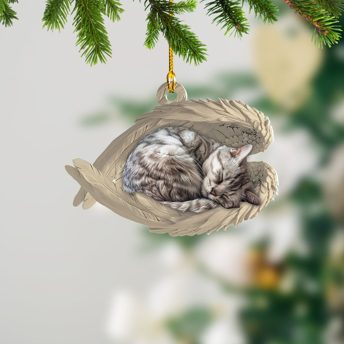 American Shorthair Cat Sleeping Angel Wings Ornament, Shorthair Cat Hanging Christmas Ornament Gift