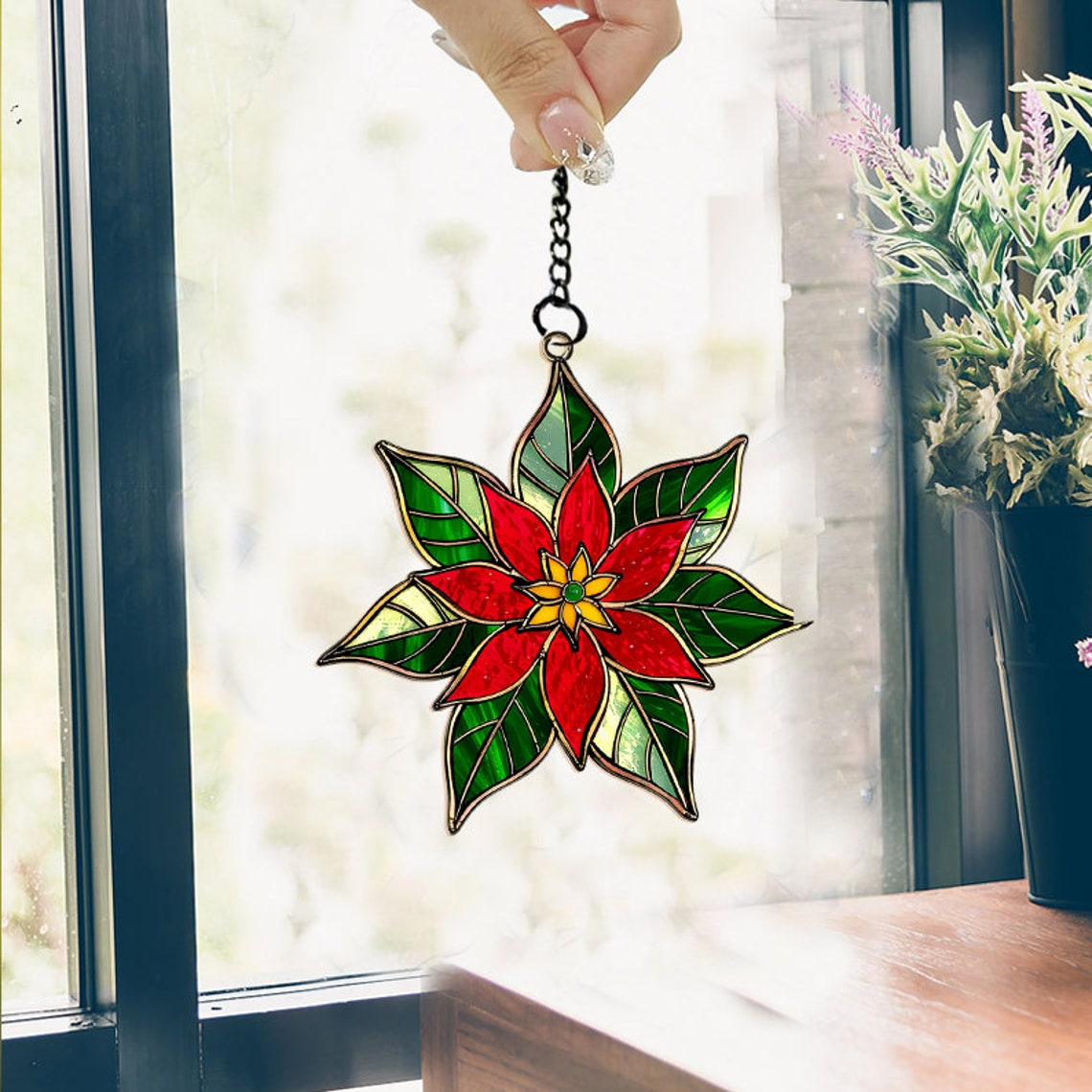 Poinsettia Suncatcher Ornament, Poinsettia Christmas Window Suncatcher