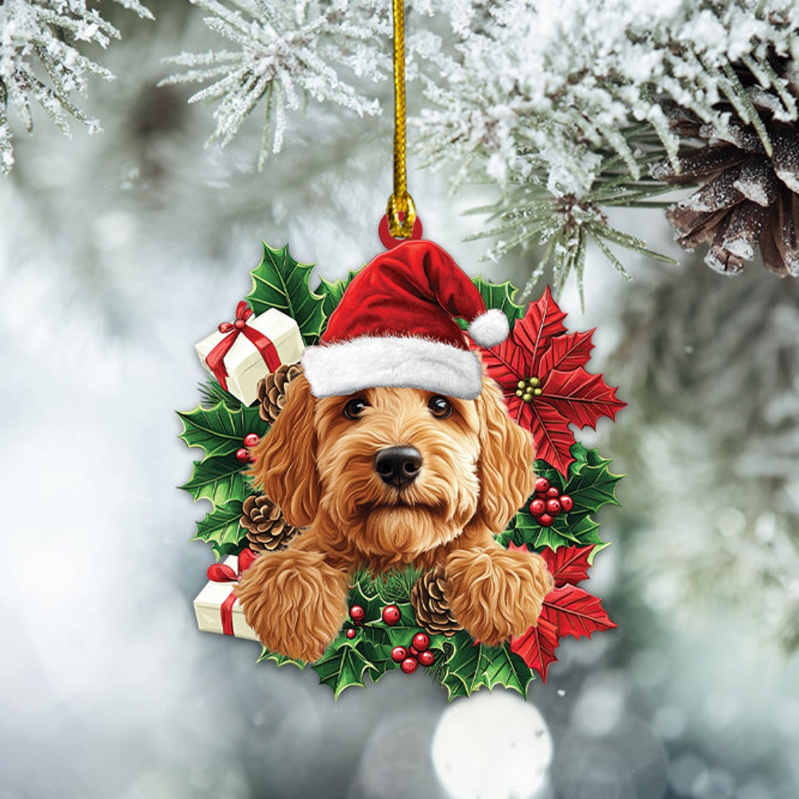 Labradoodle Dog Christmas Wreath Ornament, Labradoodle Dog Christmas Ornament Decor Gift