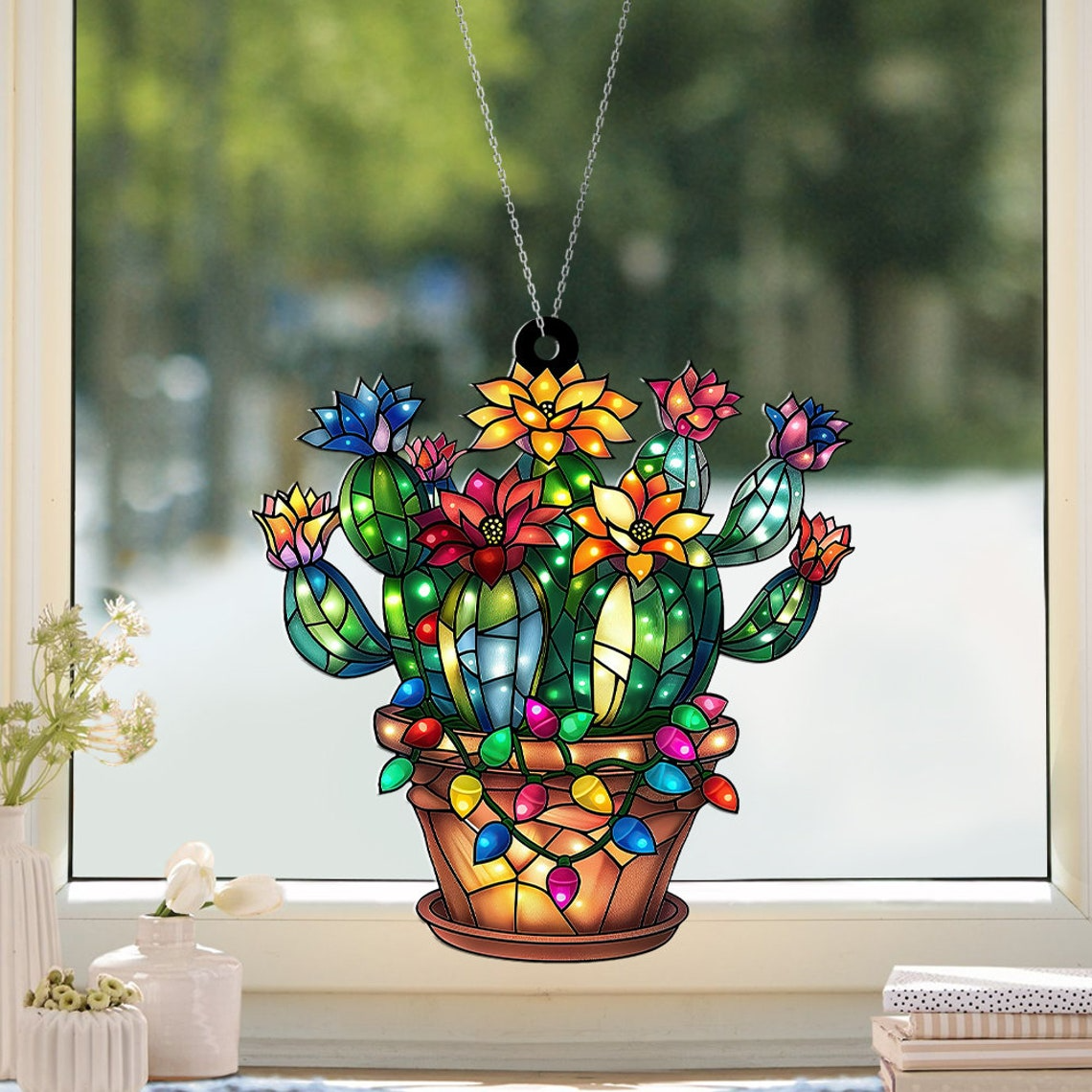 Cactus Pot Christmas Suncatcher, Cactus Flowers Window Suncatcher Ornament