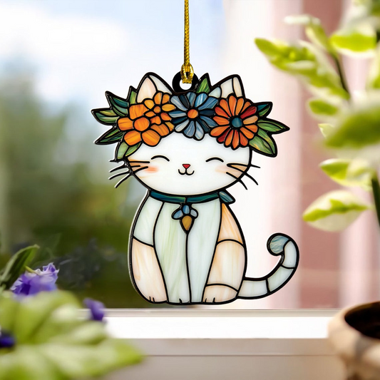 Cute Kitty with Floral Crown Suncatcher, Cute Kitty Hanging Ornament Home Decor