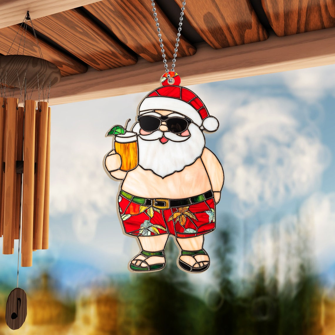 Hawaii Santa Dinking Hanging Christmas Suncatcher, Funny Santa Christmas Ornament Decor (Copy)