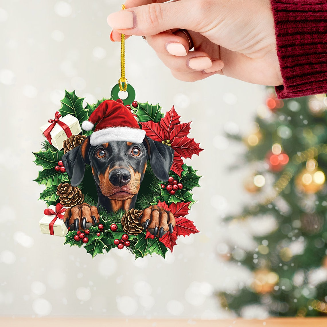 Doberman Pinscher Dog Christmas Wreath Ornament, Dobermann Dog Car Hanging Christmas Ornament