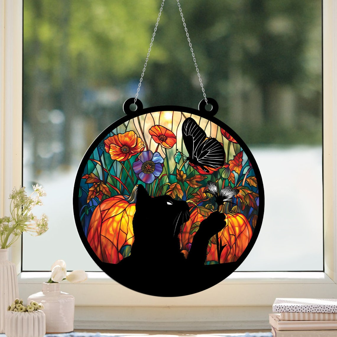 Cat with Butterflies and Pumpkin Suncatcher, Black Cat with Butterflies Window Hanging Decor