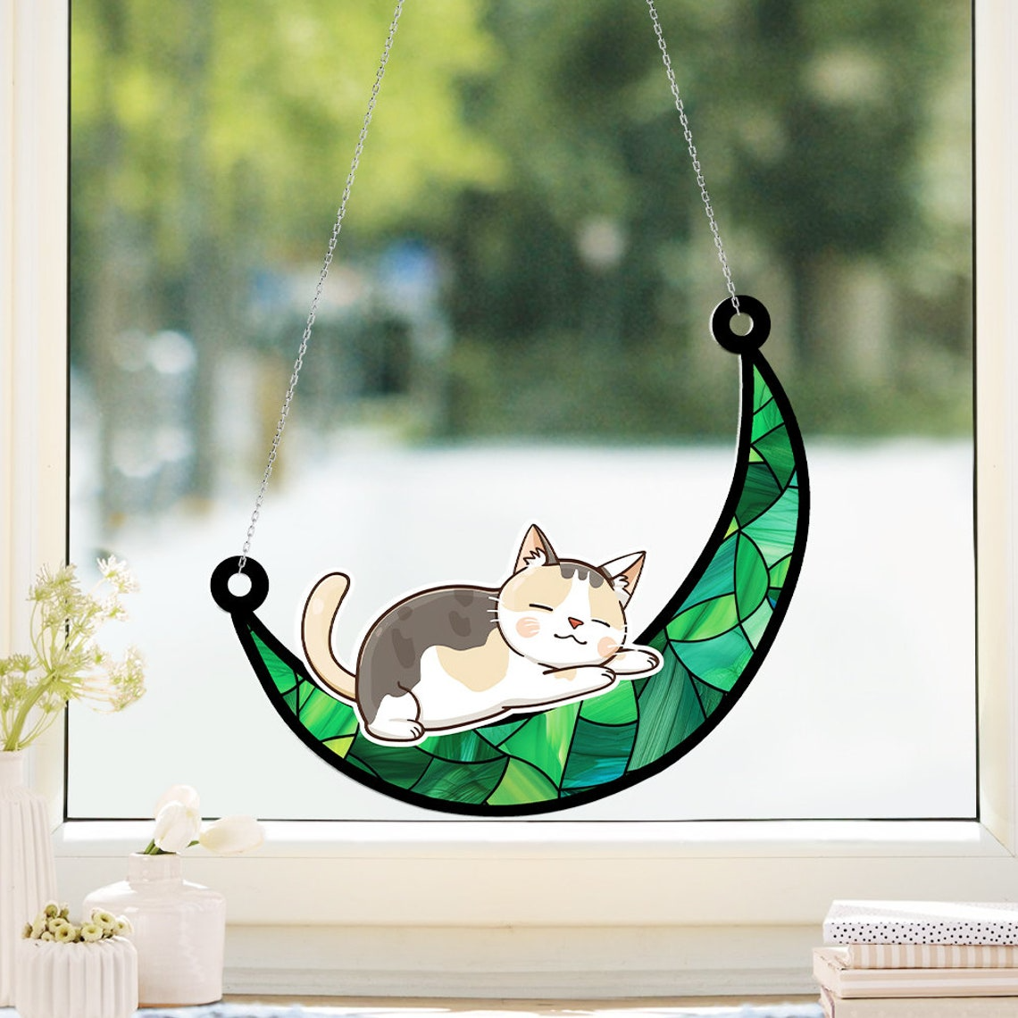 Baby Cat Sleeping on Moon Suncatcher, Cute Cat on Moon Window Hanging Ornament Decor