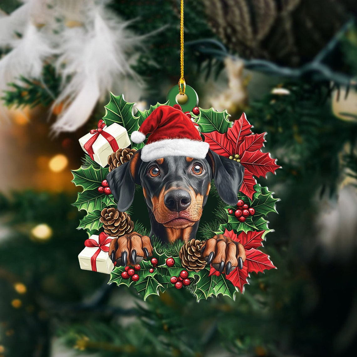 Doberman Pinscher Dog Christmas Wreath Ornament, Dobermann Dog Car Hanging Christmas Ornament